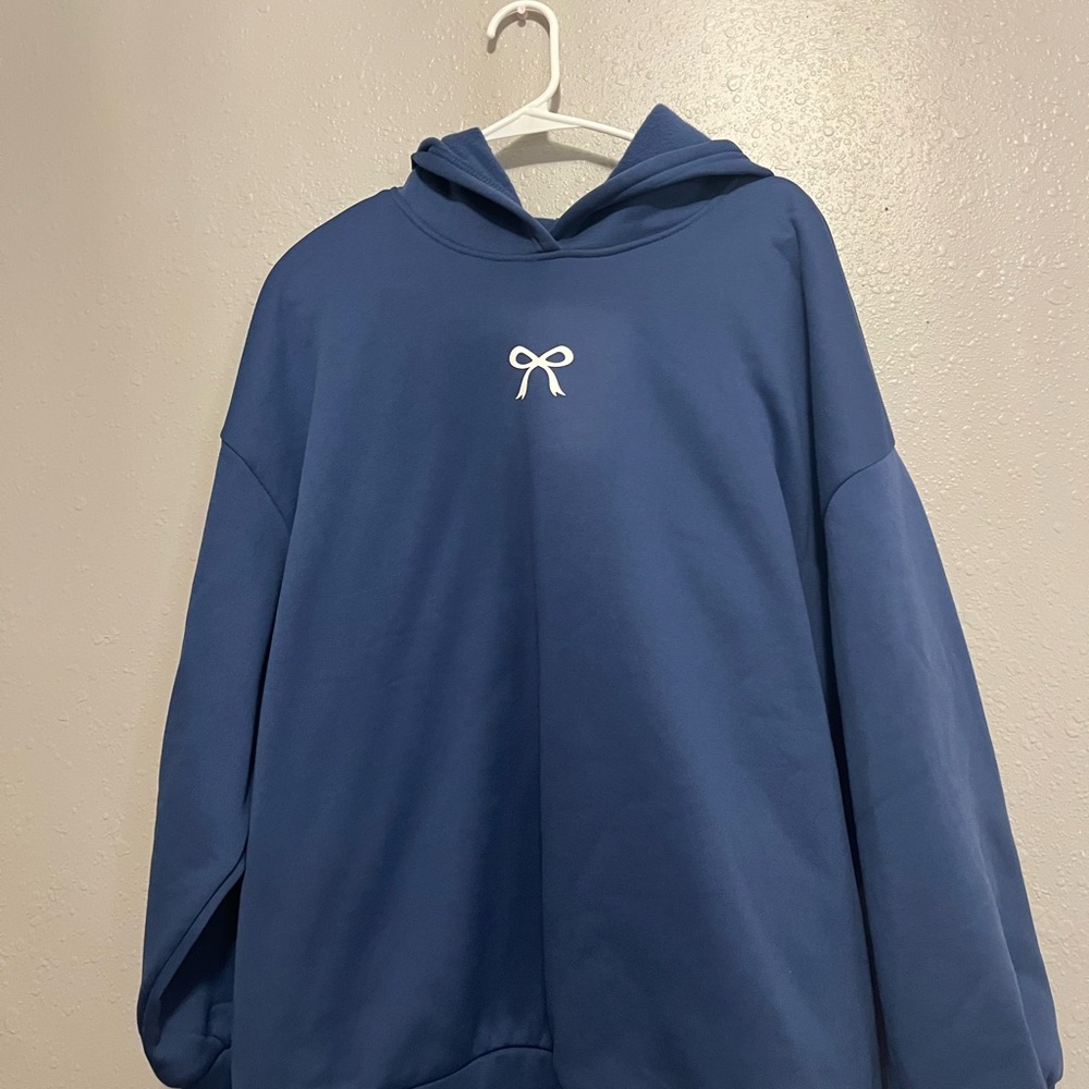 SHEIN Blue Hoodie with White Bow Detail